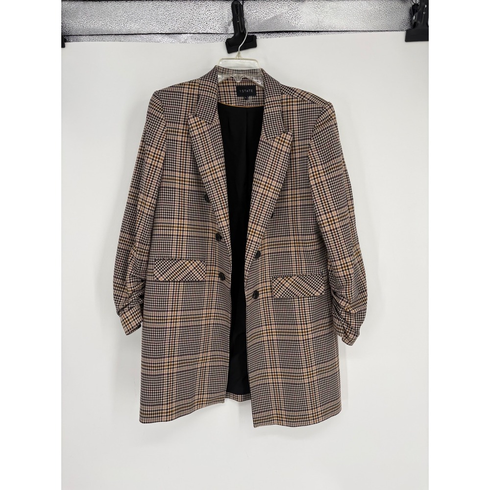 1.STATE‎ Blazer Womens L Brown Plaid Ruched Sleeve Longline Open Professional